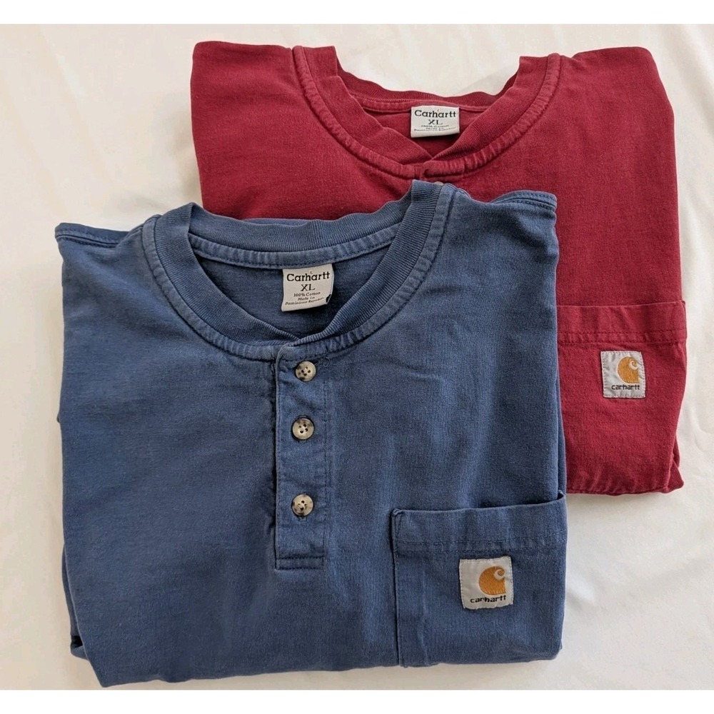Vtg Carhartt L/S Henley Shirt Lot 2 Men XL Blue Red Pocket Workwear